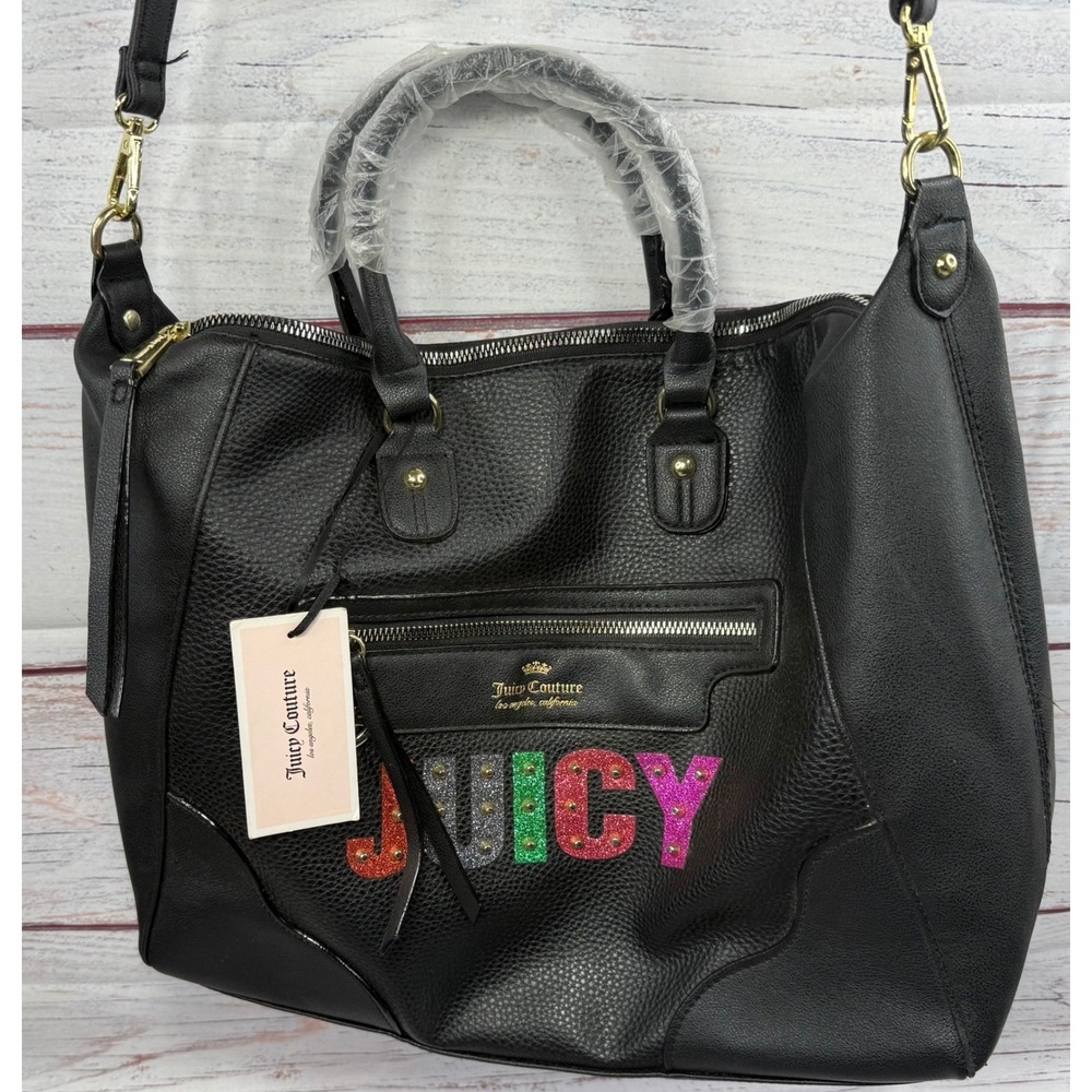 Juicy Couture Black Pebbled Satchel Crossbody Bag Multi Glitter Logo NWT - Picture 4 of 12